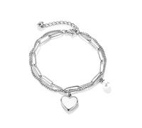 Coeur perle en couches Bracelet pour femme-plaqué argent Double couche trombone lien chaîne avec charme coeur blanc délicat et perle de coquillage-bijoux minimaliste réglable cadeau pour elle