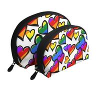 Coeurs colorés Arc-en-Ciel imprimés, Trousse de Maquillage Coquille Femme Petit Porte-Monnaie Trousse de Toilette Trousse à cosmétiques 2 pièces