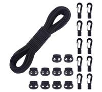 COEWUR 20M Tendeur Elastique Cordon avec Crochet Bouchon pour Bache Noir | Corde Élastique Diamètre 5mm Sangle Elastique avec 10 Crochet de Cordon et 10 Bouchon de Cordon pour Camping Transport Kayak