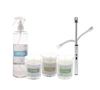 Cofan Lot de 3 bougies parfumées avec parfum cèdre, bambou et lin, briquet électrique USB, désodorisant textile 500 ml Parfum brise