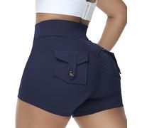 COFCAT Short de sport Scrunch Butt avec poche pour femme avec taille en V, Académie navale, Taille M