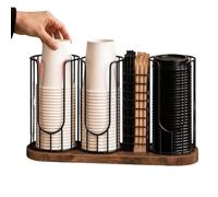 Coffee Cup Dispenser, Metal 4-Compartment Rack with Wood Base Organizer