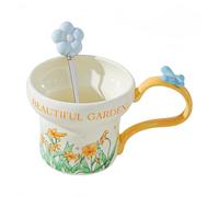 Coffee Cup Mug Classique En Céramique À Motif Floral De 350 Ml Idéal Pour Le Petit-Déjeuner La Maison Ou Bureau Avec Cuillère Cadeau Parfait Thé L'Après-Midi Les Filles Et Meilleures Amies Jaune
