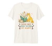 Coffee First Book Second Cat Always Reading Library Cat Love T-Shirt Haut de Gamme