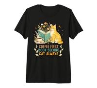 Coffee First Book Second Cat Always Reading Library Cat Love T-Shirt Haut de Gamme