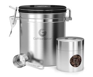 Coffee Gator 473ml Boîte à café hermétique avec 118ml petit Boîte - Boite étanche pour la Conservation du Cafe et de Toutes Ses Saveurs, Acier Inoxydable - avec Cadran Dateur et Cuillère Doseuse