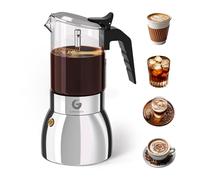 Coffee Gator 9 Tasses Pot à moka 450 ml, Design Transparent en Verre et Acier Inoxydable, Cafetière Moka, Cafetière italienne, Argentée