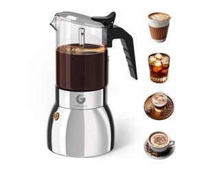Coffee Gator 9 Tasses Pot à moka 450 ml, Design Transparent en Verre et Acier Inoxydable, Cafetière Moka, Cafetière italienne, Argentée