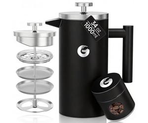 Coffee Gator Cafetière À Piston 1 Litre, En Acier Inoxydable 304, Double Paroi Isolée, Filtration 4 Niveaux, Avec boîte à Café, Portable Pour Café ou Thé Chaud et Froid, Cuisine, Camping, Noir
