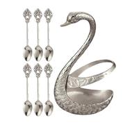 Coffee Stir Spoons - Zinc Alloy | Aesthetic swan holder set with 6 pieces for kitchen bar restaurant, apartment office party, dessert ice cream cake stirring, Silver.