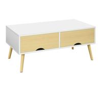 HOMCOM Table Basse de Salon rectangulaire avec 2 tiroirs et 1 Compartiment Ouvert 4 Pieds inclinés Bois - 90 x 48 x 39 cm - Blanc et Naturel