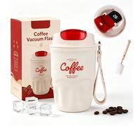 Coffee Vacuum Flask, Portable Coffee Cup with Leak Proof Lid & Handle, Stainless Steel Insulated Water Bottle for Hot and Cold Drinks, Vacuum Flask for Home & Office (White Digital Display Model)