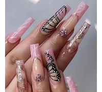 Coffin False Nails French Butterfly Press on Nails Pink Long Stick on Nails Ballerina Acrylic Fake Nails 24pcs for Women and Girls(Black,24 Count (Pack of 1))