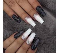Coffin False Nails Glitter Press on Nails Black&White Long Fake Nails Ballerina Acrylic Stick on Nails 24pcs for Women and Girls
