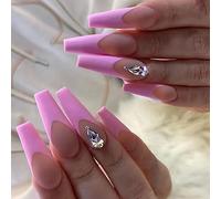 Coffin False Nails Long Fake Nails Pink Crystal Ballerina Acrylic Press on Nails Full Cover Stick on Nails 24pcs for Women and Girls