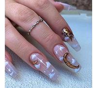 Coffin False Nails Long Fake Nails Sun&Moon Ballerina Acrylic Press on Nails Clouds Stick on Nails 24pcs for Women and Girls