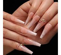 Coffin False Nails Nude Long Fake Nails Crystal Ballerina Acrylic Press on Nails Full Cover Stick on Nails 24pcs for Women and Girls