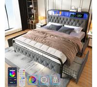 Coffre 90x200 avec LED, USB et Type C - Lit Adulte Double avec Sommier à Lattes, Tiroirs et Rangement - Contrôle APP - Cadre en Velours Gris (Sans Matelas)