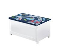 roba Banc-Coffre à Jouets "Rennfahrer" pour Enfant en Bois - Banc de Rangement - Fermeture Douce - Blanc/Bleu