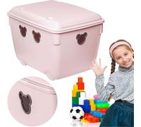 Coffre à jouets en plastique 40 L Grande boîte avec couvercle pour chambre d'enfant Ourson rose