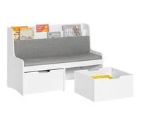 SoBuy Coffre de Rangement Enfants, Banc de Rangement pour Enfants avec Bibliothèque, 2 Tiroirs sur roulettes et Coussin d'assise, 100 x 45 x 70 cm, Blanc, KMB66-W