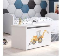 Coffre à jouets pour enfants - DARIA - Boîte de rangement - Vérin pneumatique - BLANC ""yellow excavator""