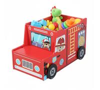 Coffre à jouets Relaxdays pompiers, chambre enfant, 34 x 60 x 32 cm, rangement avec compartiment secret, MDF, rouge