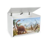 Leomark Coffre de Rangement pour Enfants - Dinosaures - Organisateur à jouets en bois, Conteneur à jouets, banc réglable, sur roulettes, Dimensions: L 71 x P 40 x H 46 cm