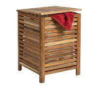 Coffre à linge Relaxdays, sac amovible, 80 l, marron/blanc | Dimensions : 65,5 x 45 x 45 cm, panier à linge avec couvercle, bois d'acacia