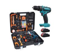 Coffre à outils 100 pièces avec perceuse-visseuse et batteries 88V avec marteau, clé à molette, BOITE A OUTILS CAISSE A OUTILS