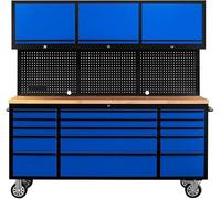 Coffre à outils robuste sur roulettes de 183 cm, armoire à outils roulante à 15 tiroirs, 3 armoires supérieures, planche à suspendre, prise de courant certifiée ETL, plan de travail en chêne robuste