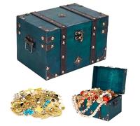 Coffre au Trésor en Bois,Coffre Fort en Bois 22*15*13.5cm,Coffre au Trésor pour Anniversaire D'enfant,Boîte Cadeau avec Couvercle,Grande Boite Pirate Enfant Vert Pour Ramasser des Objets/Jouer le Jeu
