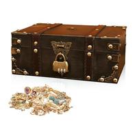 Coffre au trésor en bois vintage avec serrure et couvercle, 24 x 17 x 9,5 cm, pour enfants, cadeaux, décoration, chambre à coucher, fête pirate, cadeau d'anniversaire (marron rétro)