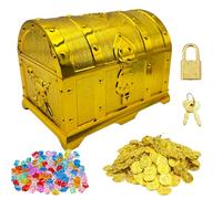 Coffre au trésor pour anniversaire d'enfant - Doré - Décoration de pirate - Coffre au trésor - Avec serrure et vec 50 pièces d'or et 100 pierres précieuses - Pour la chasse au trésor et les