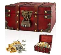 Coffre au Trésor Vintage en Bois 18x11x10 cm - Coffret Pirate Enfant avec Serrure à Combinaison, Boîte à Bijoux & Tirelire - Cadeau Fait Main Personnalisable pour Anniversaire, Décoration Chic (Rouge)