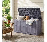 Coffre de Jardin Extérieur-COSTWAY-2en1,523L,Coffre de Rangement PP,avec Couvercle&Poignées,Anti-UV, Vérins Gaz,132x61x65CM,Marron