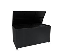 Coffre de Rangement 700 L en Rotin Noir Extérieur & Doublure Imperméable Housse Coussin Large Terrasse Cadre en Acier Résistant aux Intempéries Couvercle à Vérin à Gaz Roulettes Amovibles Rangement