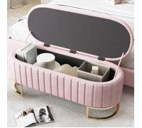 Coffre de rangement et repose-pieds - 120x40 cm - Velours rose - Rembourré - Compartiment de rangement - Pieds en métal