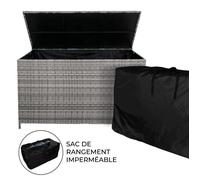 MonsterShop – Coffre de rangement extérieur en rotin gris – 582 L – 138x70x80 cm – Roues & poignée