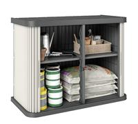 Outsunny Coffre de Rangement Extérieur 480 L, 2 Niveaux avec Portes Coulissantes, Boîte de Jardin Résistant aux UV, pour Jardin Terrasse, 120,5x59,5x92cm, Marron Clair