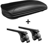 Coffre de toit noir mat VDP MAA320M coffre de toit automobile pas cher 320 litres verrouillable + barres de toit Quick rails ouverts en kit compatible avec VW Touran à partir de 2015