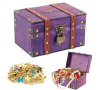 Coffre Fort en Bois, Boite avec Cadenas, Coffre au Trésor en Bois Pirate 21.7*15*13cm, Grande Boite Pirate Enfant Portable Pour Ramasser des Objets/ Jouer le Jeu, Boite Pirate Enfant Pourpre