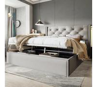 Coffre Lit Capitonné 160x200 Sommier Lattes, Système Hydraulique, Espace Rangement, Pour 2 Pers., Gris Clair (sans Matelas)