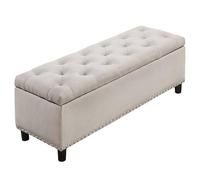 Coffre Pouf Conteneur Banc Tabouret Repose-pieds Bois et Tissu Beige
