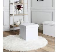 Home Deco Factory Pouf coffre HD3402 pliable Carré simili cuir capitonné Blanc H38 x 38 x 38 cm