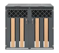 Coffre pour poubelles avec couvercle rabattable hydraulique et façade verrouillable, deux compartiments séparés, 132x80x118,5 cm, Gris+Couleur naturelle