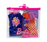 Coffret 2 Habits Barbie : Robe Bleu + Jupe A Carreaux Jaune Et Rose Et Bottes - Tenue De Ville - Vêtement Poupée
