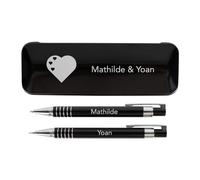 Coffret 2 stylos, un stylo bille et un porte mine noir à personnaliser - Coffret de stylos et porte mine couleur noir avec texte gravé - Cadeau bureau personnalisé