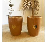 Coffret 2 tasses en faïence ocre et doré