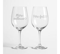 Coffret 2 Verres à Vin Gravés, Design Pèrefect et MèreVeilleuse, Cristal, Cadeau pour Parents, Set de Dégustation, verres gravés, duo de verre